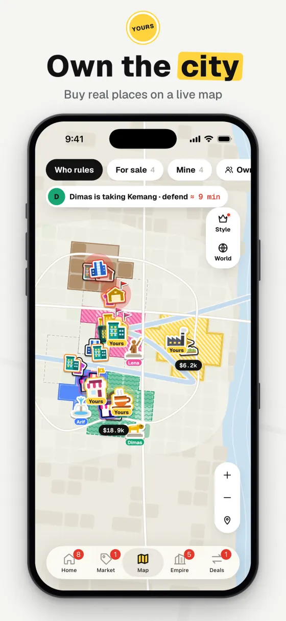 The city map with districts and property stickers